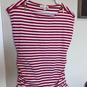 Michael Kors Red and White Striped Short Sleeve Top